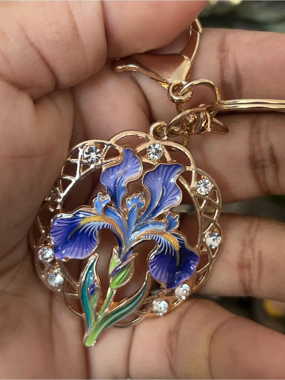 Elegant Blue Iris Enamel Pendant Keychain - Gold Tone